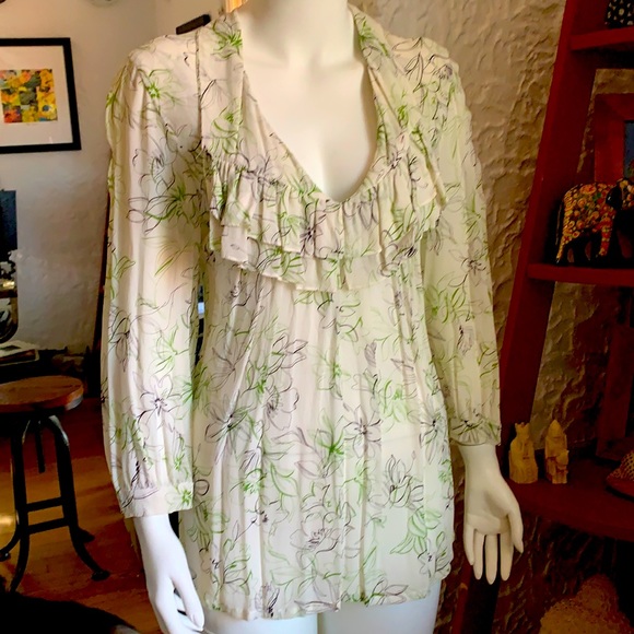White floral blouse in rayon with habit collar - Picture 1 of 7